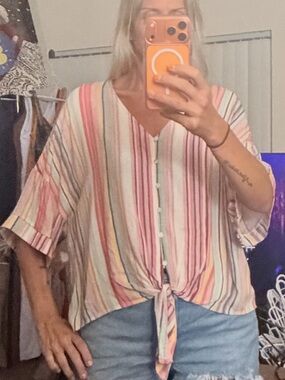 Main Strip Multi-Stripe Tie-Front Blouse in Pastel Pink & Cream
